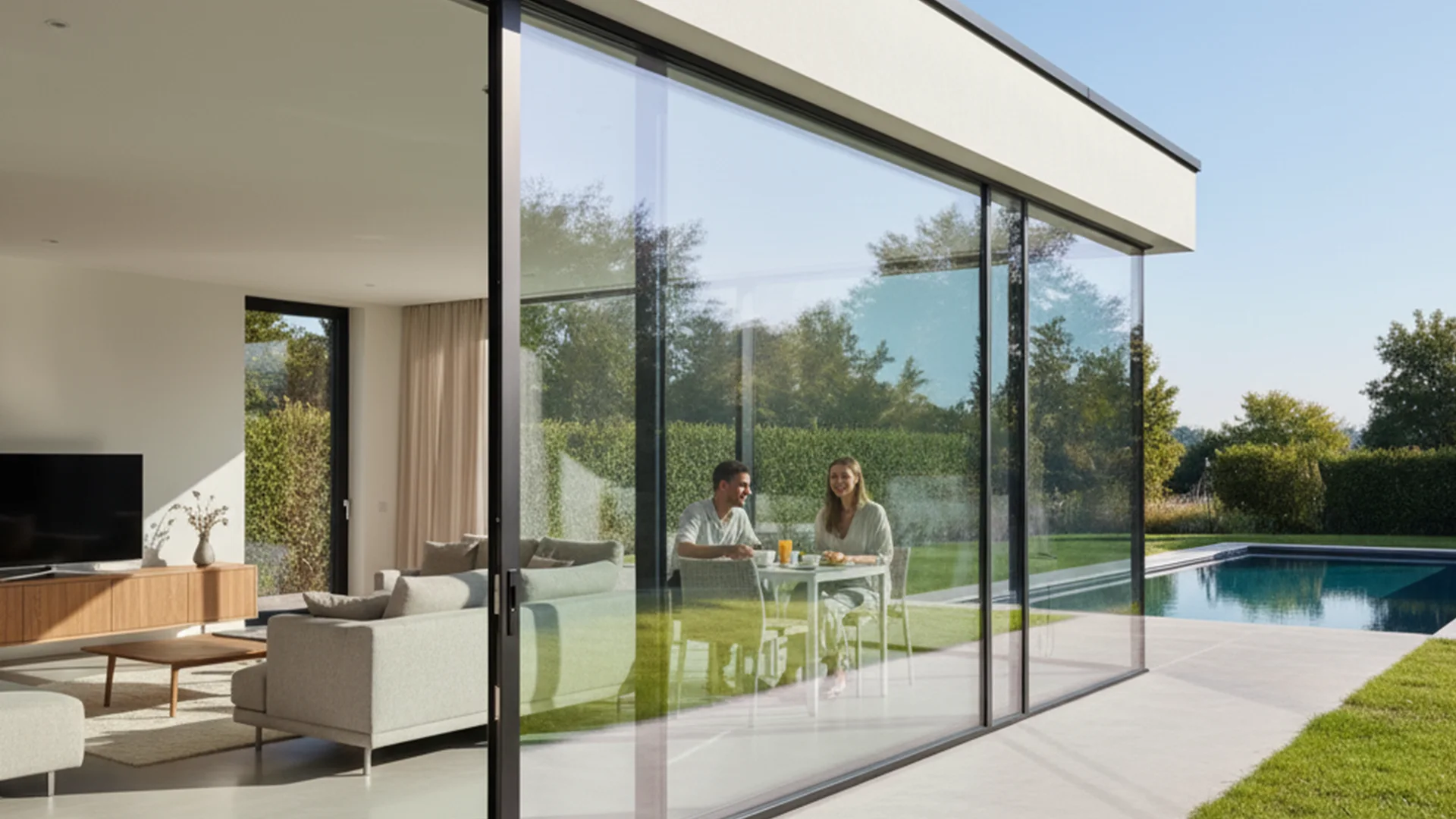 Lichtdurchfluteter Wohnbereich mit einer Glasschiebewand zur Terrasse und zum Garten